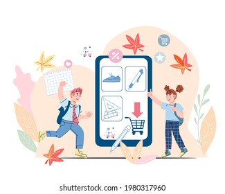 School stationery and supplies  online sale banner with cute children buying goods for school,  cartoon vector illustration isolated on white. Autumn sale banner template. 