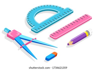 School Stationery Supplies, Ruler And Divider, Pencil And Eraser, Protractor Isolated Objects Vector. Geometry Lesson And Drawing Or Measuring Tools. Back To School Concept. Flat Cartoon
