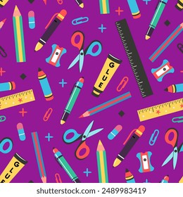 School stationery. School supplies seamless pattern with scissors, pens, pencils, rulers, paper clips, sharpener and glue. Colorful pattern in flat style. Back to school concept. Purple background.