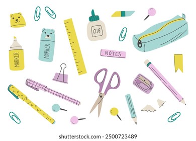 School stationery and supplies set. Accessories for study. Back to school collection. Hand drawn flat style vector illustration.

