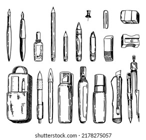 School Stationery Supplies Sketches Collection. Set Of Writing Utensils, Office Items. Hand Drawn Vector Illustrations. Back To School Cliparts Isolated On White.