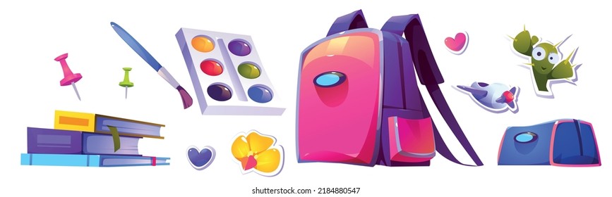 School stationery and supplies. Vector cartoon set of backpack, notebooks, books, pencil case, pins, brush, watercolor paints and stickers isolated on white background