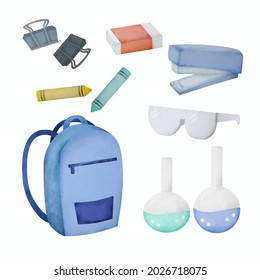 School stationery and supplies watercolor set. Hand draw school supplies vector illustration. backpack, clip, grayon, eraser, staple, glasses, tube