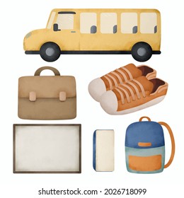 School stationery and supplies watercolor set. Hand draw school supplies vector illustration. shoes, school bus, school bag, board, board eraser, backpack