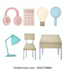 School stationery and supplies watercolor set. Hand draw school supplies vector illustration. headphone, calculator, bulb, mirror, lamp, chair, table, 