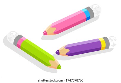 School stationery supply, 3d isometric set of pencils or drawing tool isolated object vector. Draw or write, art lesson equipment, schoolbag item, academic year instrument