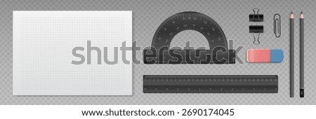 School stationery tools set. Realistic pencils, ruler, protractor, eraser, paperclip and graph paper for education or office themes. Vector EPS 10