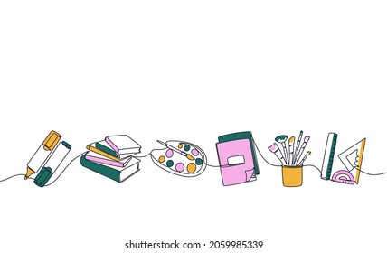 school stationery. Trendy continuous line marker stack of books palette copybook brushes and rulers. Vector school supplies in row