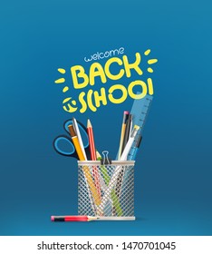 School stationery vector elements on a table. Vector illustration 