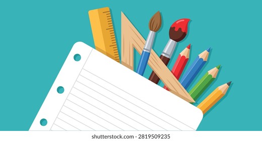 School stationery vector with notebook pencils ruler and art supplies perfect for education classroom learning student materials back to school promotions presentations and printable educational graphics