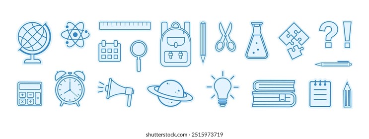 School sticker blue icon. Study stationery. Education set stroke drawing. Office supplies badge doodle. School elementary equipment isolated on white background. Cartoon vector illustration