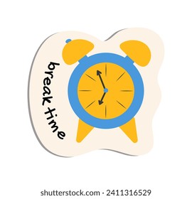 School sticker of cartoon colorful set. This cheerful alarm clock design serves as a reminder that it's time for students to shine and embrace the school day ahead. Vector illustration.