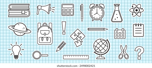 School sticker icon. Study stationery. Education set line drawing on sheet checkered notebook. Office supplies outline doodle. School elementary equipment. Cartoon vector illustration