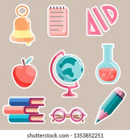 School sticker pack. Set of cartoon vector illustrations in patch label style isolated on white background.