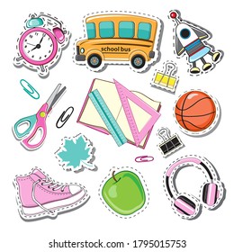 School stickers with alarm clock, books, school bus, ball and other accessories