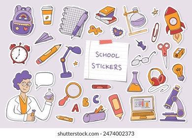 school stickers, clip art, doodles with white edge. Good for prints, cards, posters, banners, signs, planners, etc. EPS 10