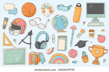 School stickers collection, back to school cartoon elements, doodles set for social media decor, cards, planners, posters, banners, etc. EPS 10