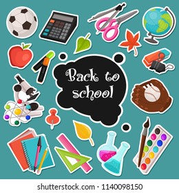 School stickers collection. Vector illustration of education objects stamps isolated on blue background. Back to school