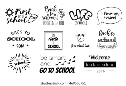 School Stickers with elements of calligraphy. Design writing back to school. Vector lettering with graphic elements.
