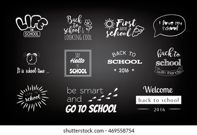 School Stickers with elements of calligraphy. Design writing back to school. Vector lettering with graphic elements.