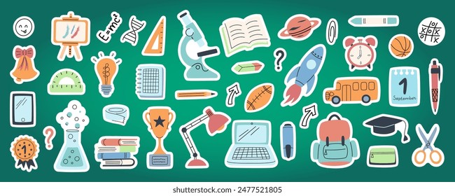 School stickers in flat style. Back to school set trendy decorations. School supplies in cartoon simple design.  Vector illustration.
