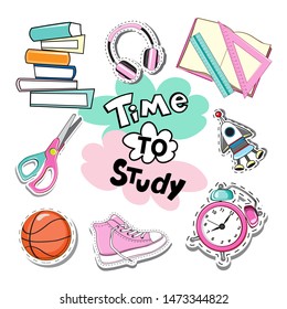 School stickers and lettering Time to study. School collection on a white background