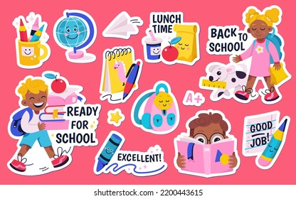 School stickers set vector illustration. Cartoon isolated schoolboy and schoolgirl carrying backpack, books and lunchbox, cute smart kids, elementary pupils on pink background. Education concept