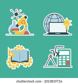 School stickers. STEM stickers of education: science, technology, engineering, mathematics. Cute school stickers. Back to school. Vector illustration.