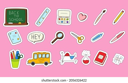 School stickers with a white outline. Printable scrapbooking sticker set. Collection of school stationery items in doodle style. Hand colored elements.