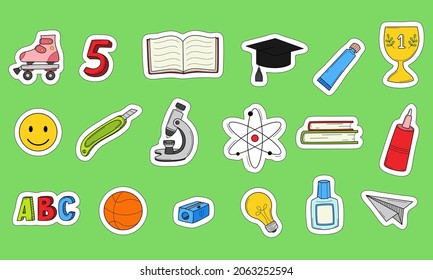 School stickers with a white outline. Printable scrapbooking sticker set. Collection of school stationery items in doodle style. Hand colored elements.
