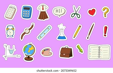 School stickers with a white outline. Printable scrapbooking sticker set. Collection of school stationery items in doodle style. Hand colored elements.