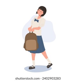 School Stress Concept.  Thai Student in Uniform with  a Heavy Bag.  Overloaded