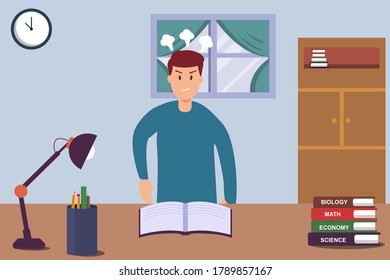 School stress vector concept: teen feeling frustrated while studying