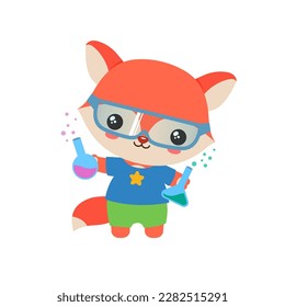 School student animal fox. Science school subject vector. Little fox holding test bottles. Elementary education cartoon fox kid. Educational clipart. Little genius scientist.