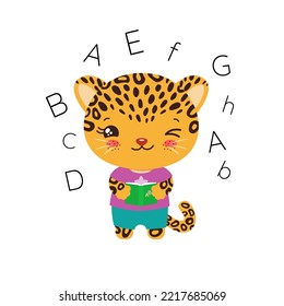 School Student Animal Holding Abc Book. English Language Learning. Elementary Student Little Cheetah Leopard Jaguar.Primary Education School Subject Vector. Teachers Resources. Educational Clipart. 