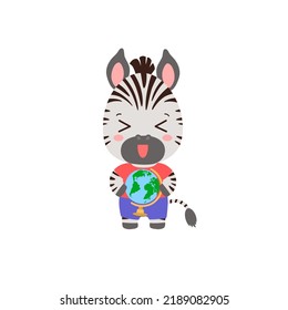 School student animal holding globe. Social studies geography learning. Elementary school subject vector illustration cartoon style. Kawaii animal student. Cute zebra logo or mascot.