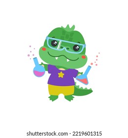 School student animal. Little crocodile holding test bottles. Science school subject vector. Making chemical experiment. Elementary education cartoon dinozaur or dragon. Educational clipart. 