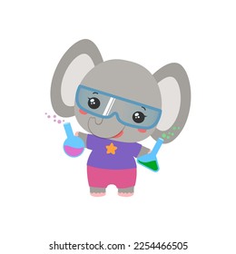School student animal. Little elephant holding test bottles. Science school subject vector. Making chemical experiment. Elementary education cartoon elephant kid. Educational clipart.