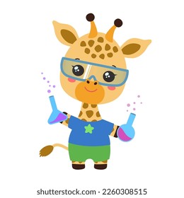 School student animal. Little giraffe holding test bottles. Science school subject vector. Elementary education cartoon giraffe kid. Educational clipart. Making chemical experiment.