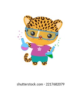 School Student Animal. Science School Subject Vector. Educational Clipart. Little Cheetah Leopard Jaguar Holding Test Bottles Chemical Liquid.Teachers Resources. Elementary Student Primary Education. 