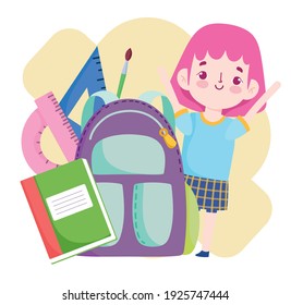 School student with backpack book ruler pencil cartoon vector illustration