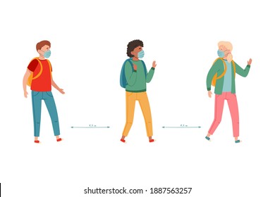 School Student with Backpack in Medical Masks Walking with Social Distance Vector Illustration