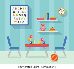 School student boy kid room interior. Bookshelf, studying desk with chair and some toys on the floor. Flat style vector illustration.