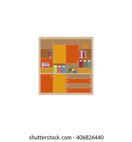 School student boy kid room interior. Bookshelf,cabinet.