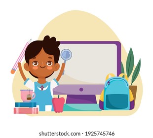 School student boy online class computer education vector illustration