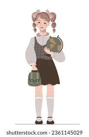 Ein Schüler mit einer Aktentasche einzeln auf weißem Hintergrund. Ein nettes Schulmädchen geht zur Schule. Ein Schüler, der einen Globus hält. 