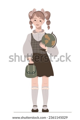 A school  student with a briefcase isolated on a white background. A nice schoolgirl goes to school. A pupil holding a globe. 