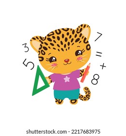 School Student Cartoon Animal. Math School Subject Vector. Education Clipart. Teachers Resources. Cheetah Leopard Jaguar Elementary Student Holding Triangle Ruler And Pencil. Mathematics Learning.