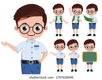 School student character vector set. Student character or school boy in standing pose and doing educational activities like presenting and reading  book isolated in white background.