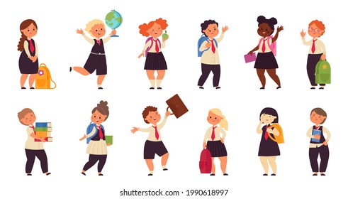 School student characters. Schoolboys friends, kids with backpack. Isolated autumn children education, pupil holding books decent vector set